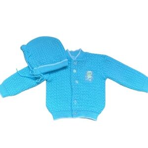Vintage NWT Knit Baby Blue Sweater & Bonnet Size 6-9 months